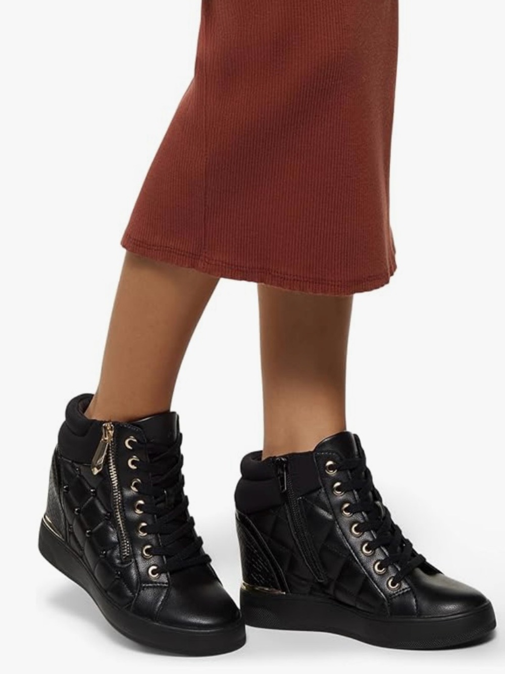 Black quilted leather hidden wedge sneakers NIB